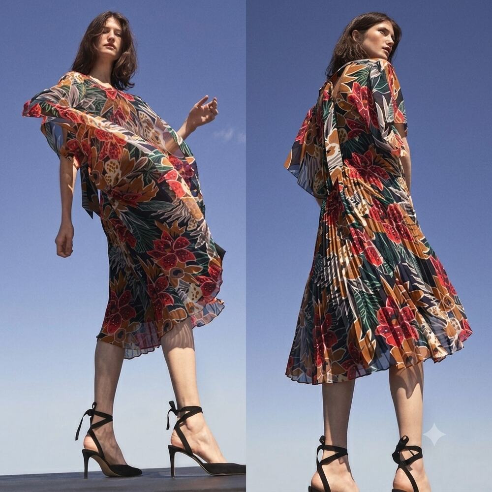 Club Monaco Tropical Floral Pleated Cutout Tie-Back Midi Dress Size 6